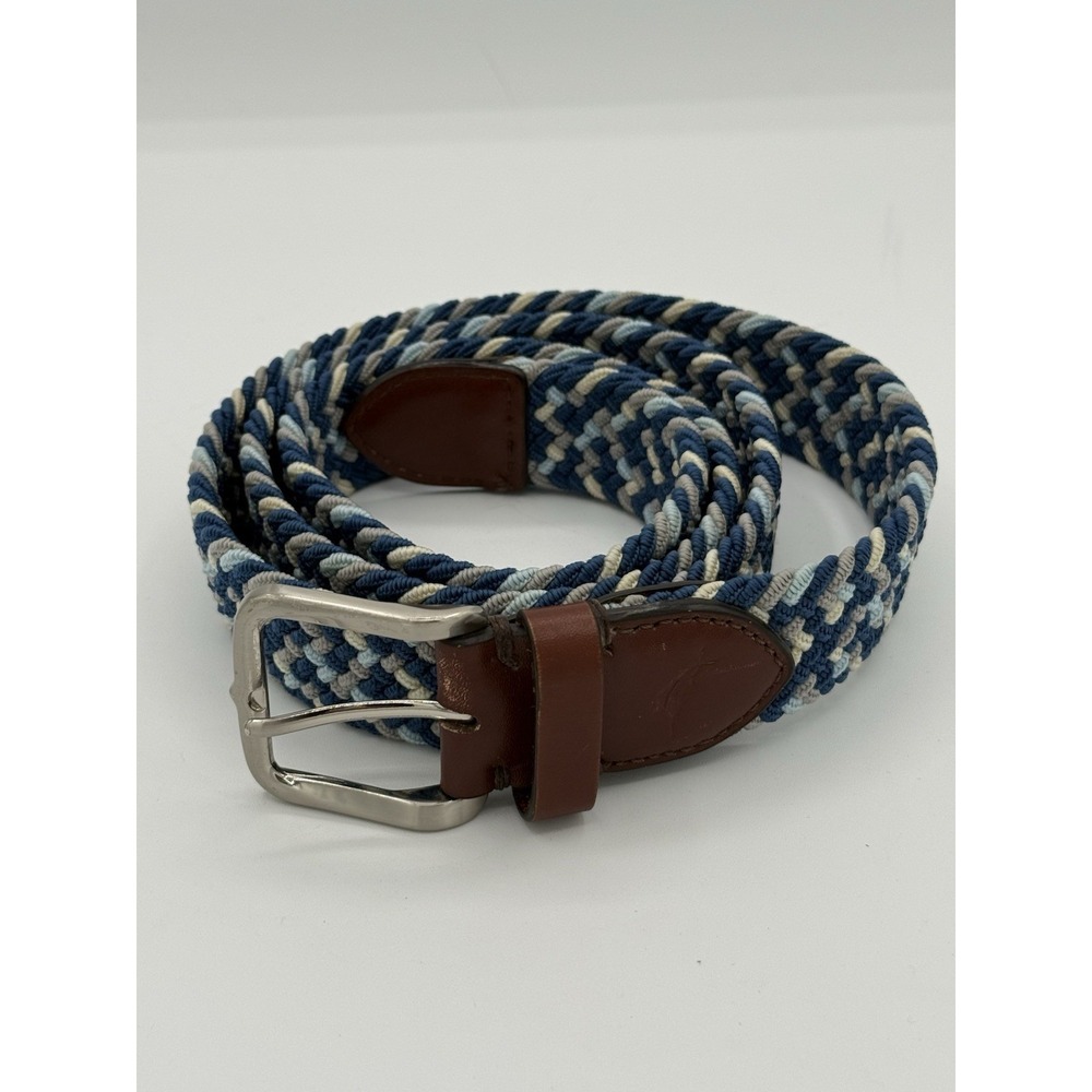 Tommy Bahama Belt Mens XL 42-44 Blue Grey Braided Woven Leather Trim Casual